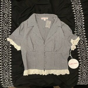 NWT Bailey Rose Navy Blue and White Gingham Women's Top